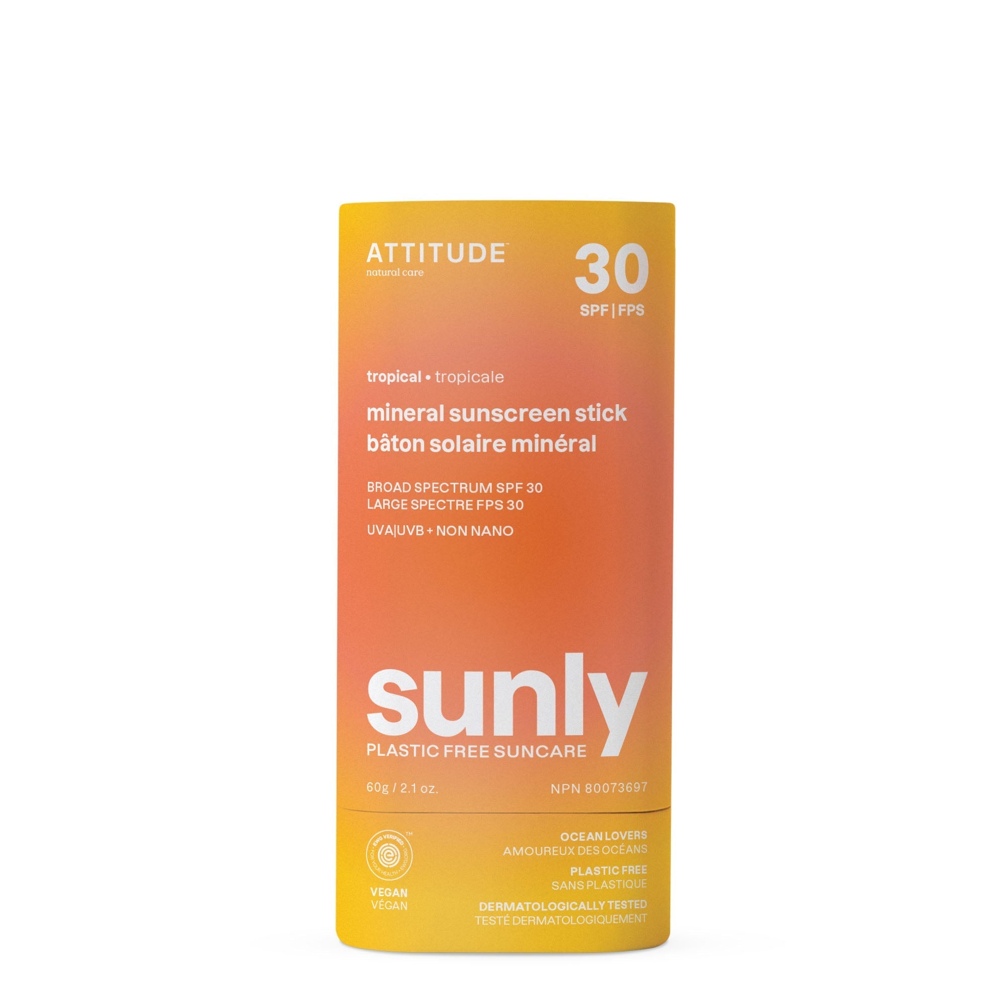 ATTITUDE Sunly™ Plastic-free Mineral Sunscreen Stick SPF 30 (EXP 12/2026 - FINAL SALE / NO RETURNS)-60 g (2.1 oz)-Tropical-N101 Nutrition