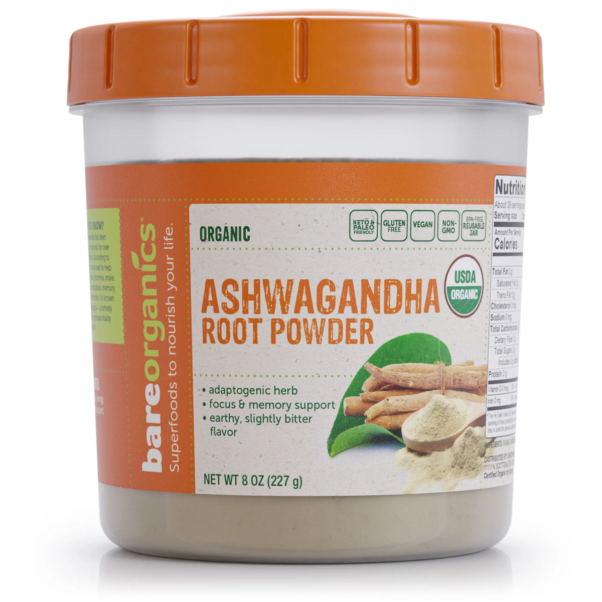 BareOrganics Ashwagandha Root Powder-8 oz (227 g)-N101 Nutrition