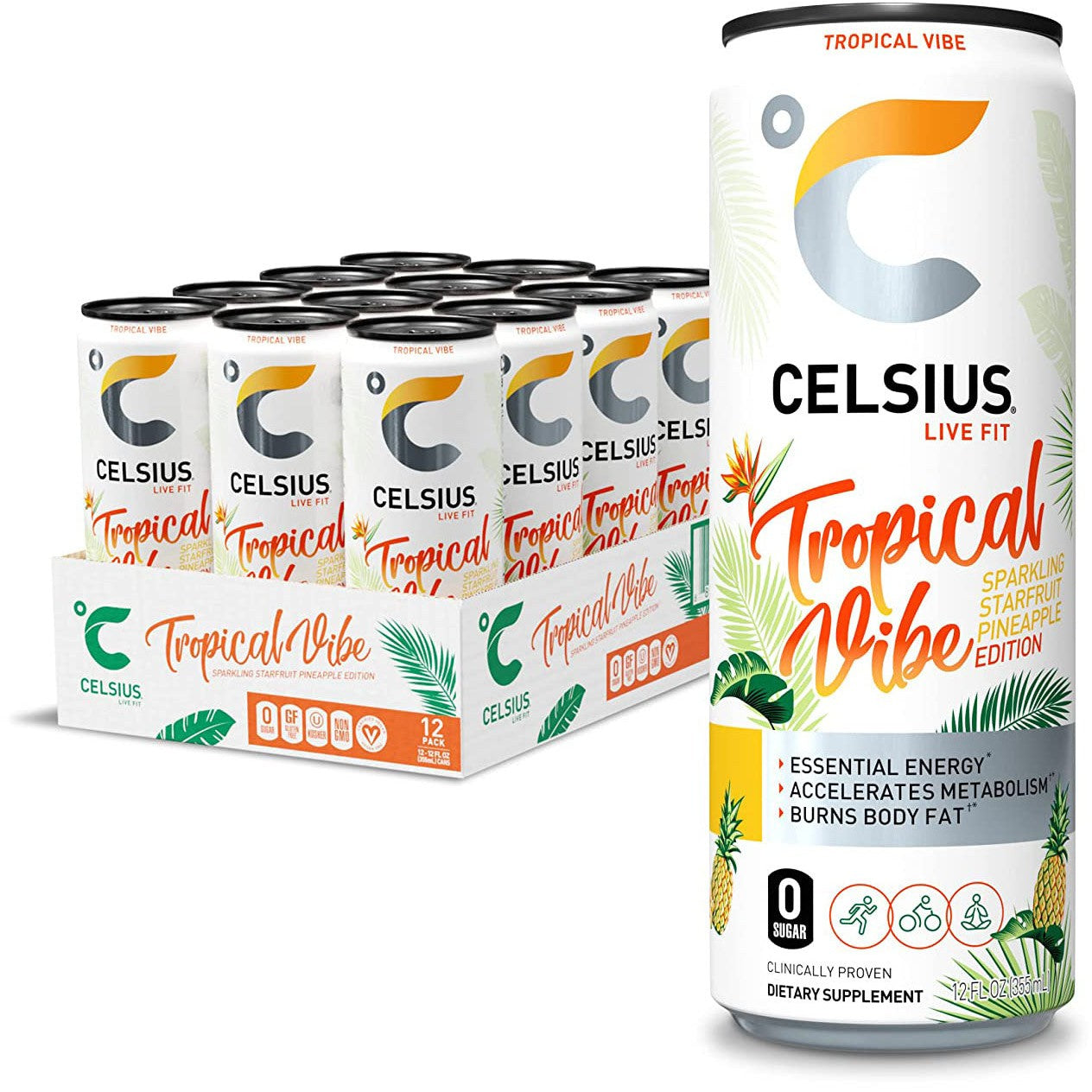 Celsius Energy Drink-Case (12 cans)-TROPICAL VIBE Sparkling Starfruit Pineapple-N101 Nutrition