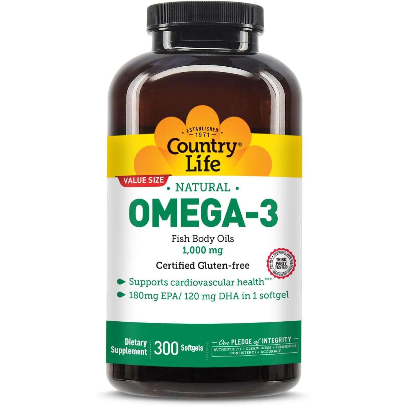 Country Life Omega-3 Fish Body Oils 1000 mg-300 softgels-N101 Nutrition