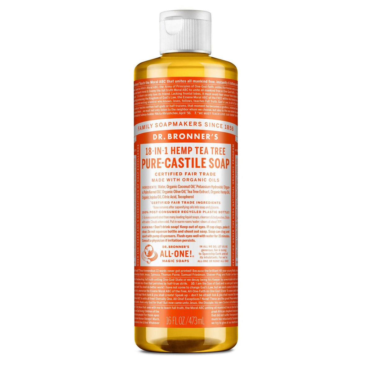 Dr. Bronner's Pure-Castile Liquid Soap-16 fl oz (473 mL)-Tea Tree-N101 Nutrition