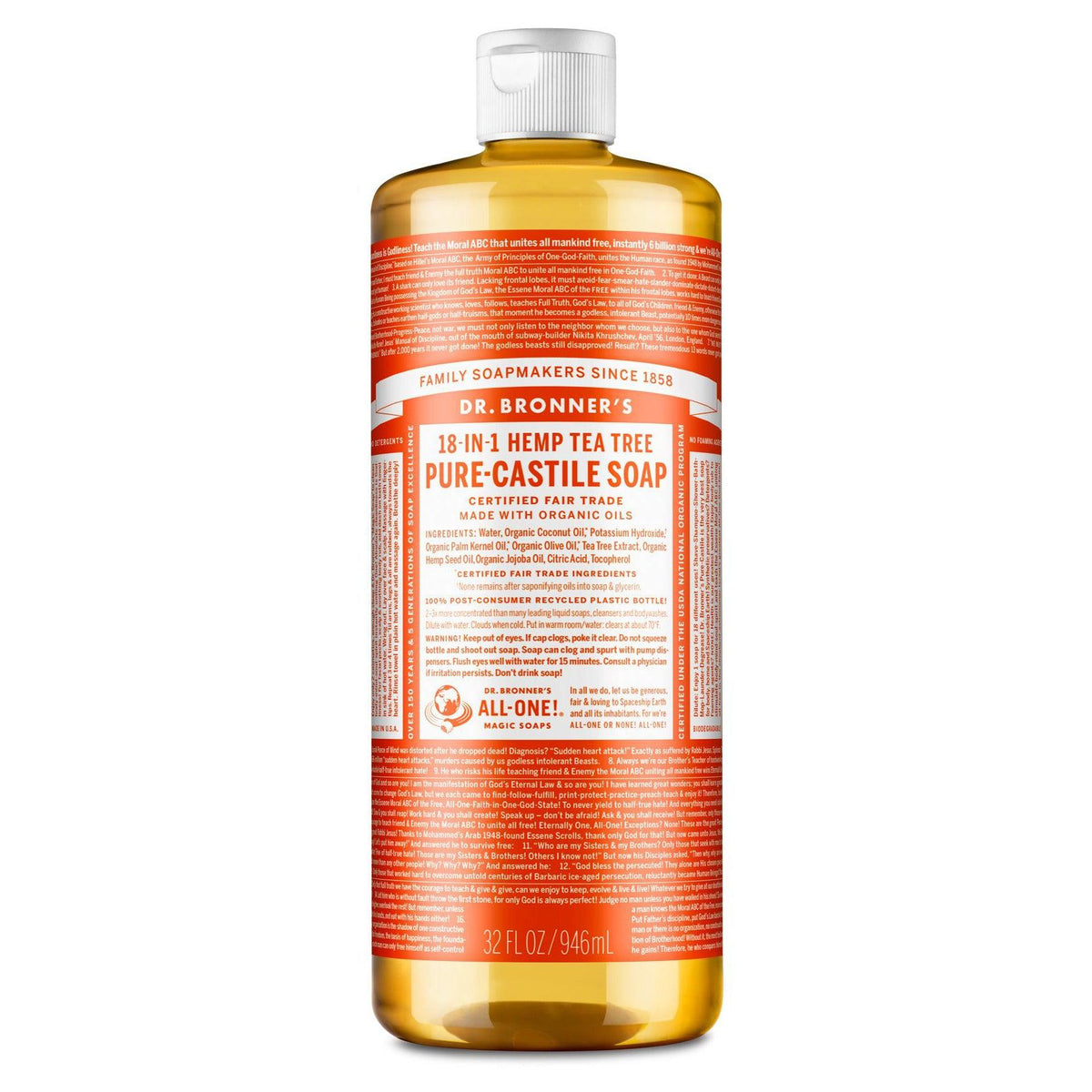 Dr. Bronner's Pure-Castile Liquid Soap-32 fl oz (946 mL)-Tea Tree-N101 Nutrition