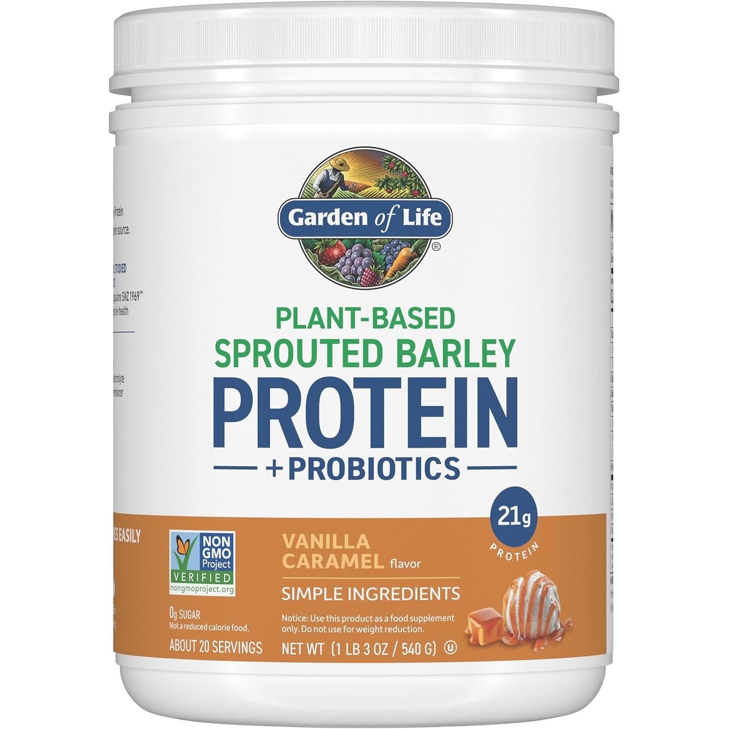 Garden of Life Plant-Based Sprouted Barley Protein + Probiotics-20 servings-Vanilla Caramel-N101 Nutrition