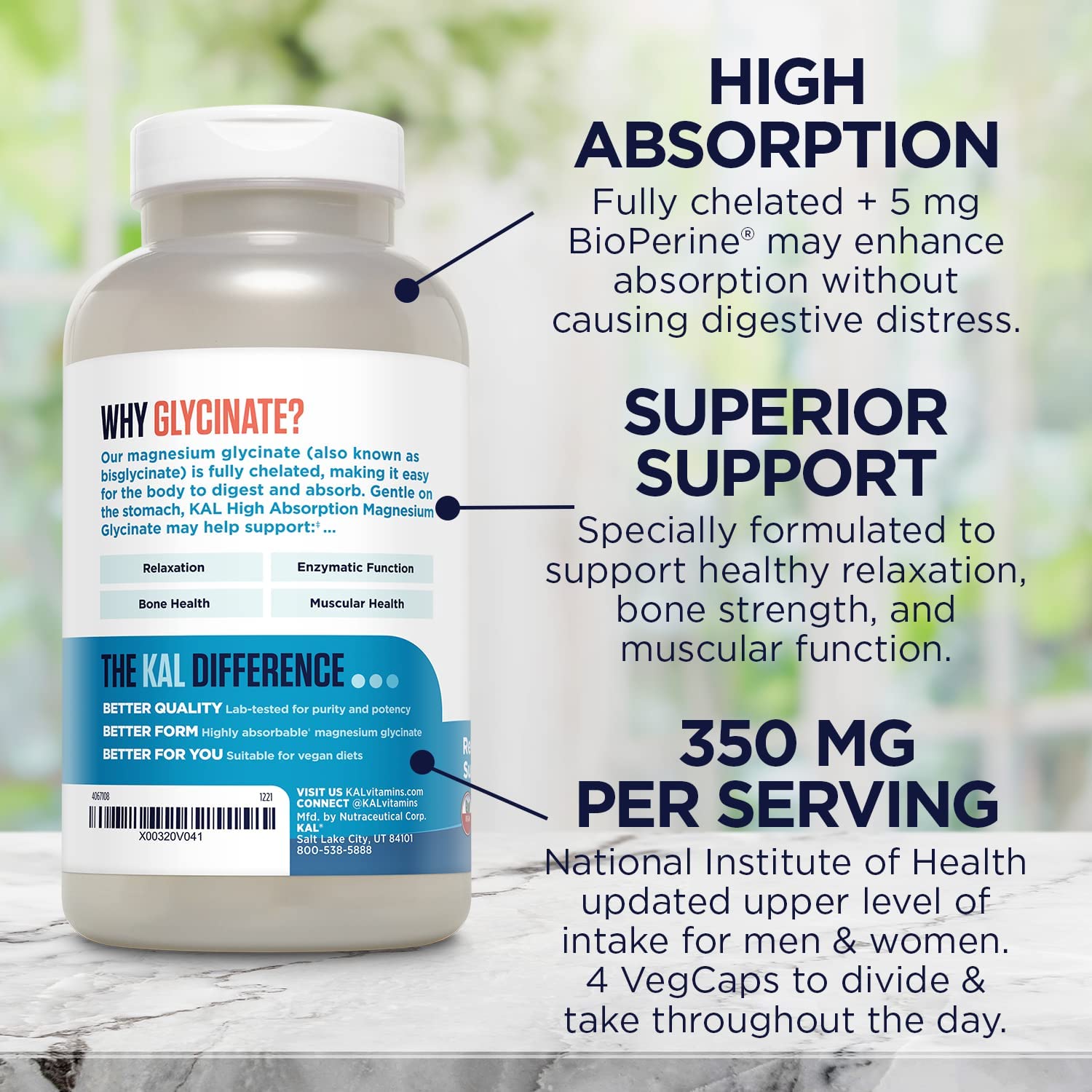 KAL High Absorption Magnesium Glycinate 350-N101 Nutrition