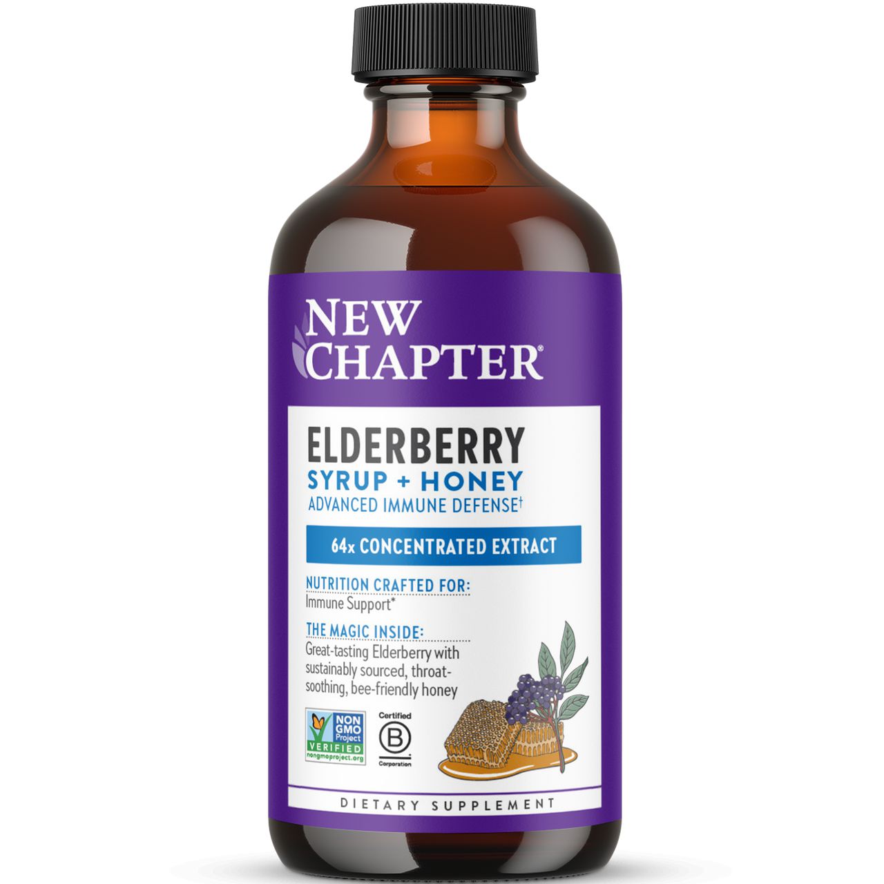 New Chapter Elderberry Syrup + Honey (EXP 08/2026 - FINAL SALE / NO RETURNS)-24 servings (4 fl oz / 118 mL)-N101 Nutrition