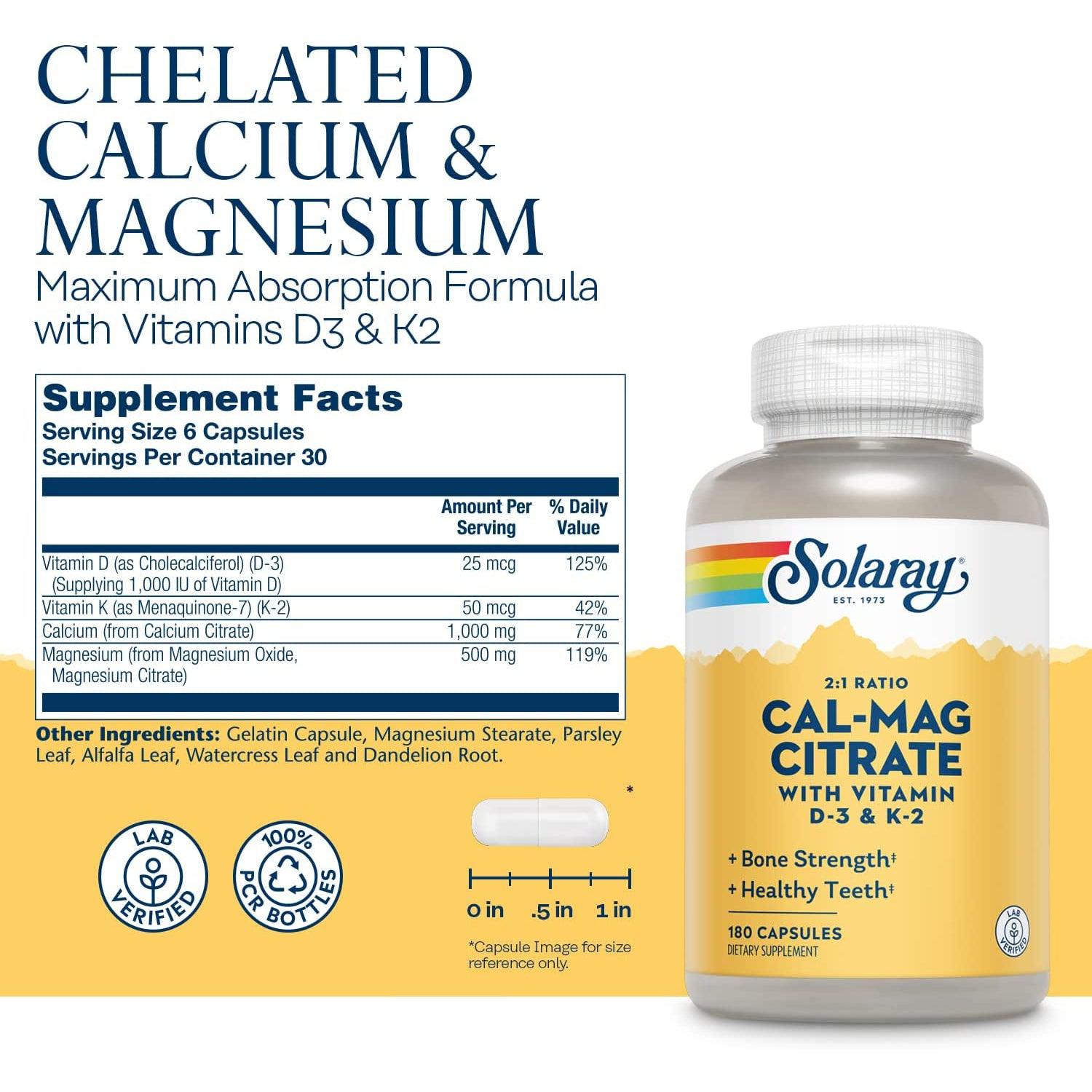 Solaray Cal-Mag Citrate 2:1 ratio w/ Vitamin D3 & K2-N101 Nutrition