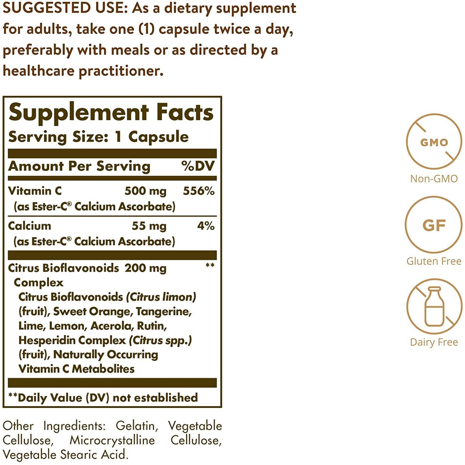 Solgar Ester-C Plus 500 mg Vitamin C with Citrus Bioflavonoids (50 capsules)-N101 Nutrition