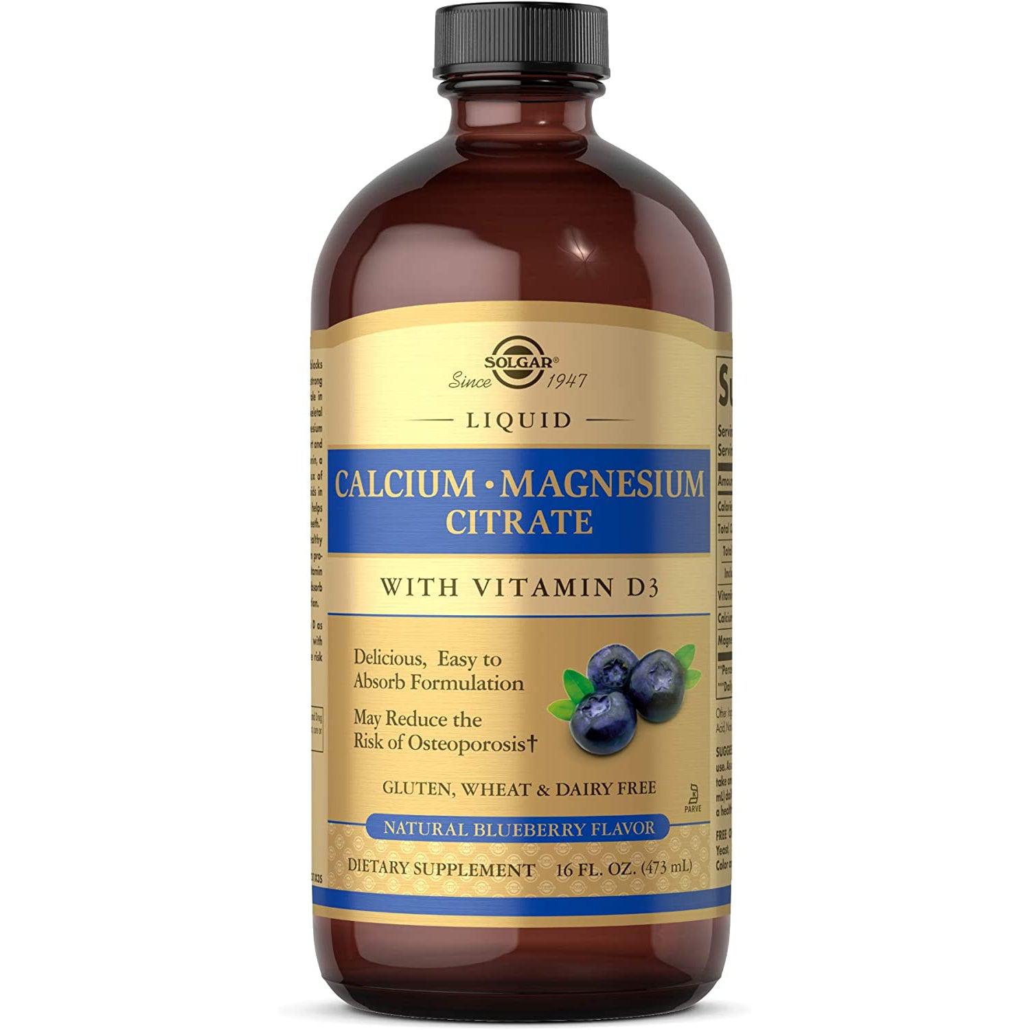 Solgar Liquid Calcium Magnesium Citrate with Vitamin D3 - Natural Blueberry Flavor (EXP 10/2026 - FINAL SALE / NO RETURNS)-16 fl oz (473 mL)-N101 Nutrition