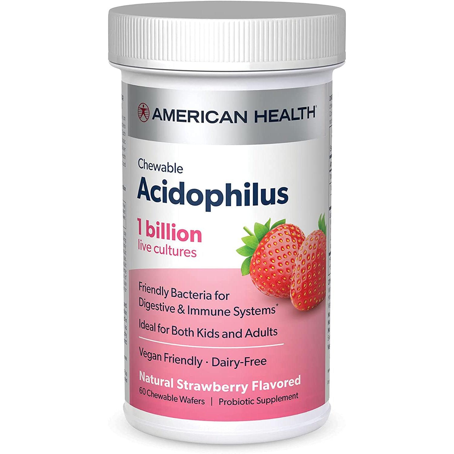 American Health Chewable Acidophilus (1 Billion) Natural Strawberry Flavor-60 Chewable Wafers-N101 Nutrition