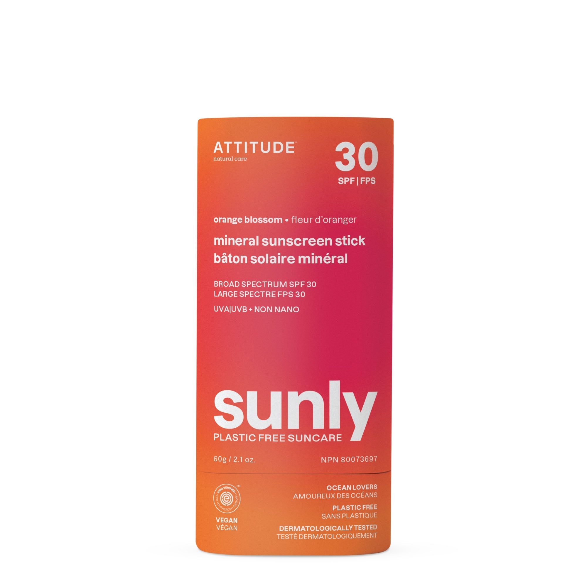 ATTITUDE Sunly™ Plastic-free Mineral Sunscreen Stick SPF 30 (EXP 12/2026 - FINAL SALE / NO RETURNS)-60 g (2.1 oz)-Orange Blossom-N101 Nutrition