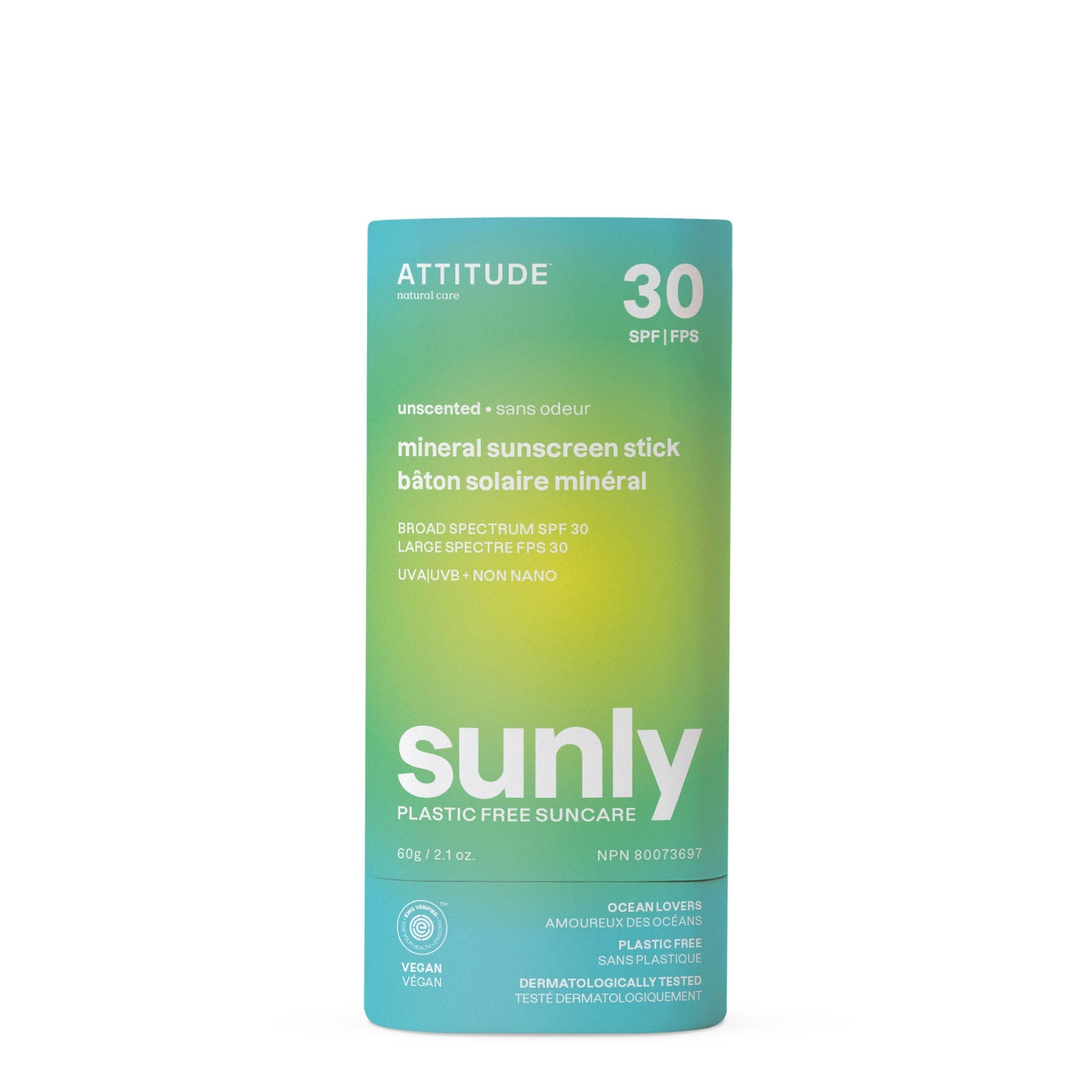 ATTITUDE Sunly™ Plastic-free Mineral Sunscreen Stick SPF 30 (EXP 12/2026 - FINAL SALE / NO RETURNS)-60 g (2.1 oz)-Unscented-N101 Nutrition
