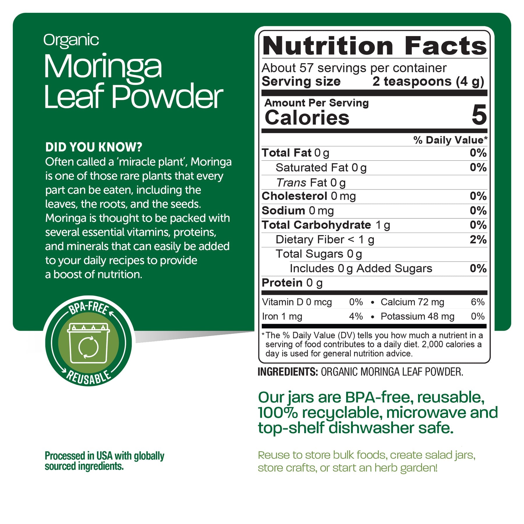 BareOrganics Moringa Leaf Powder-N101 Nutrition