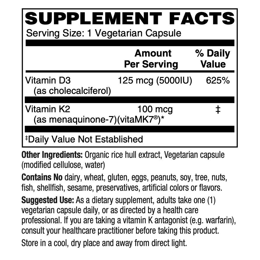 Blue Ridge Vitamins Vitamin D3 + K2 (125 mcg / 100 mcg)-60 vegetarian capsules-N101 Nutrition