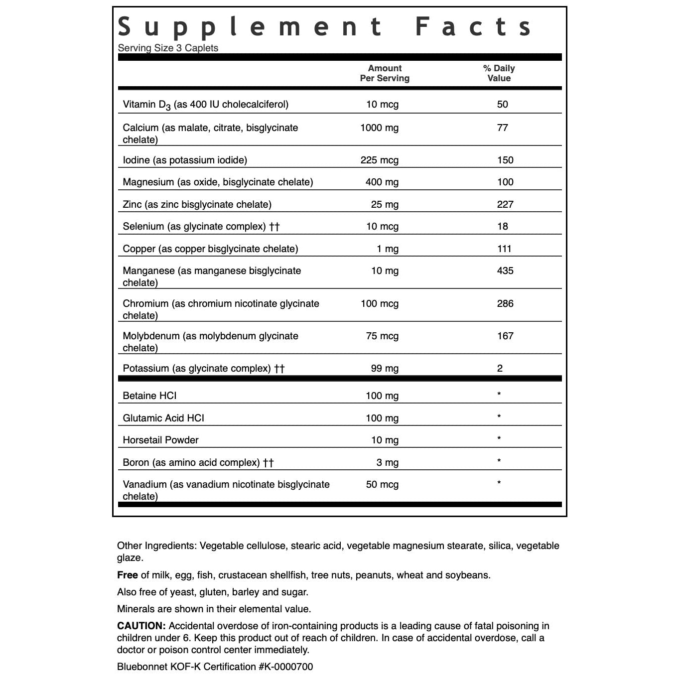 Bluebonnet High Potency Chelated Multiminerals (Iron Free)-60 caplets-N101 Nutrition