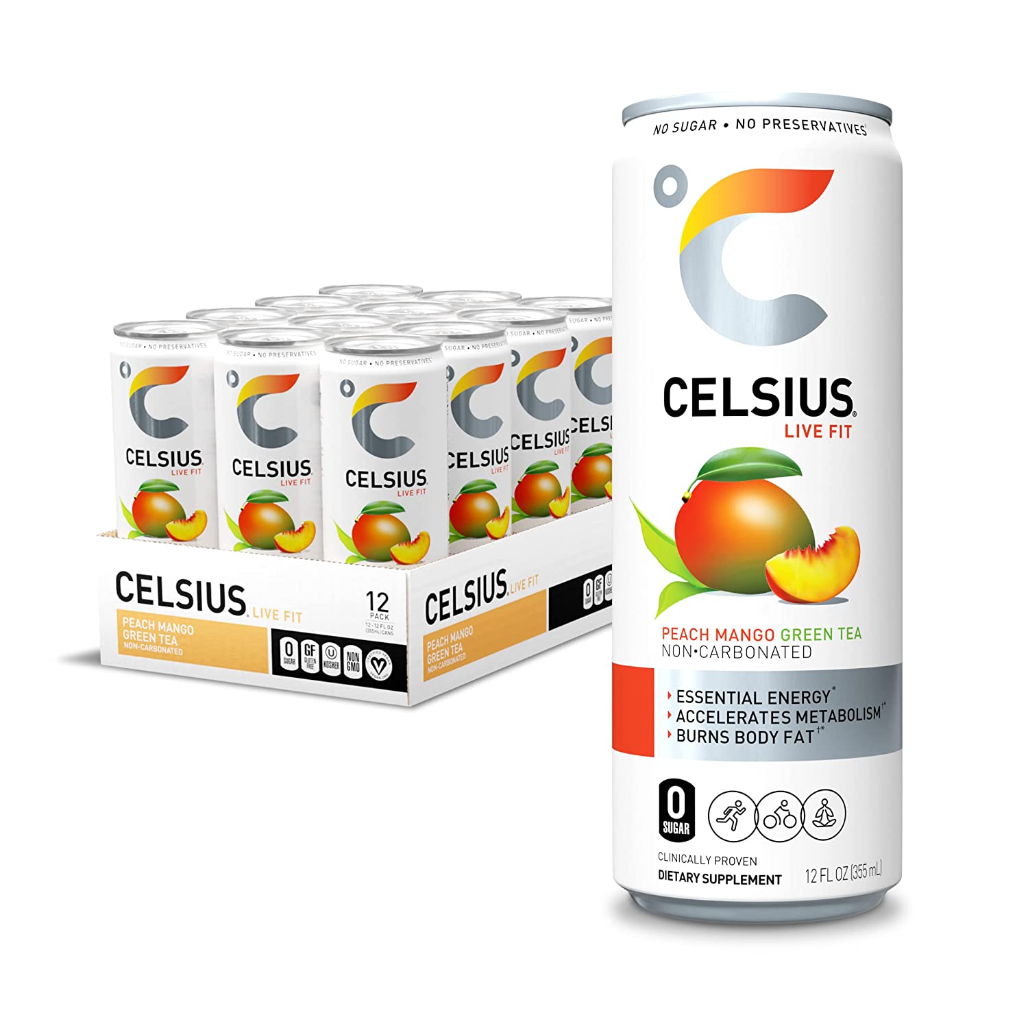 Celsius Energy Drink-Case (12 cans)-Fizz-Free Peach Mango Green Tea-N101 Nutrition