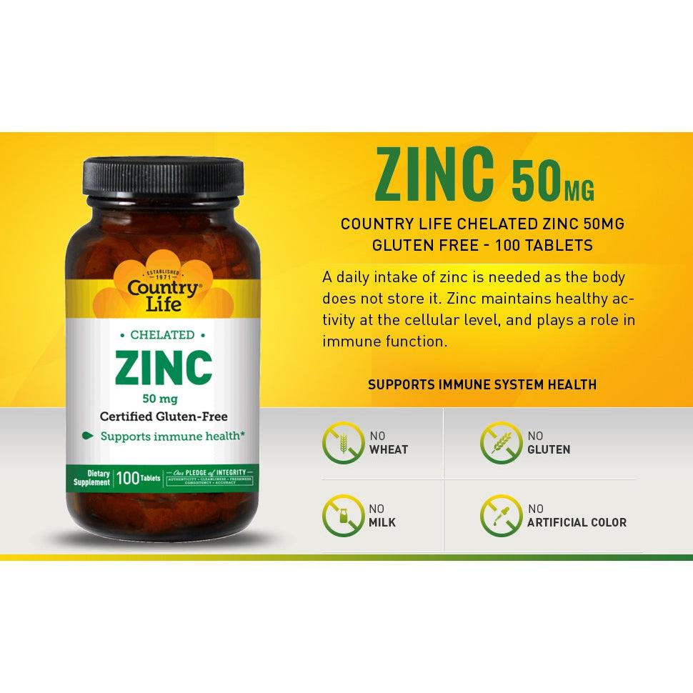 Country Life Chelated Zinc 50 mg-100 tablets-N101 Nutrition