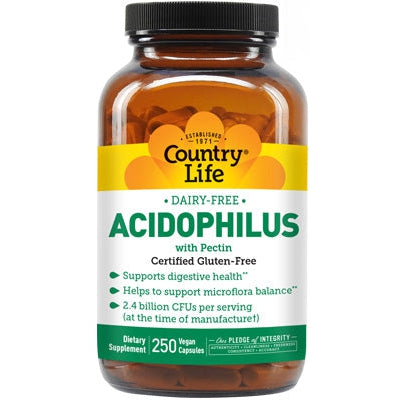 Country Life Dairy-Free Acidophilus with Pectin-250 vegan capsules-N101 Nutrition