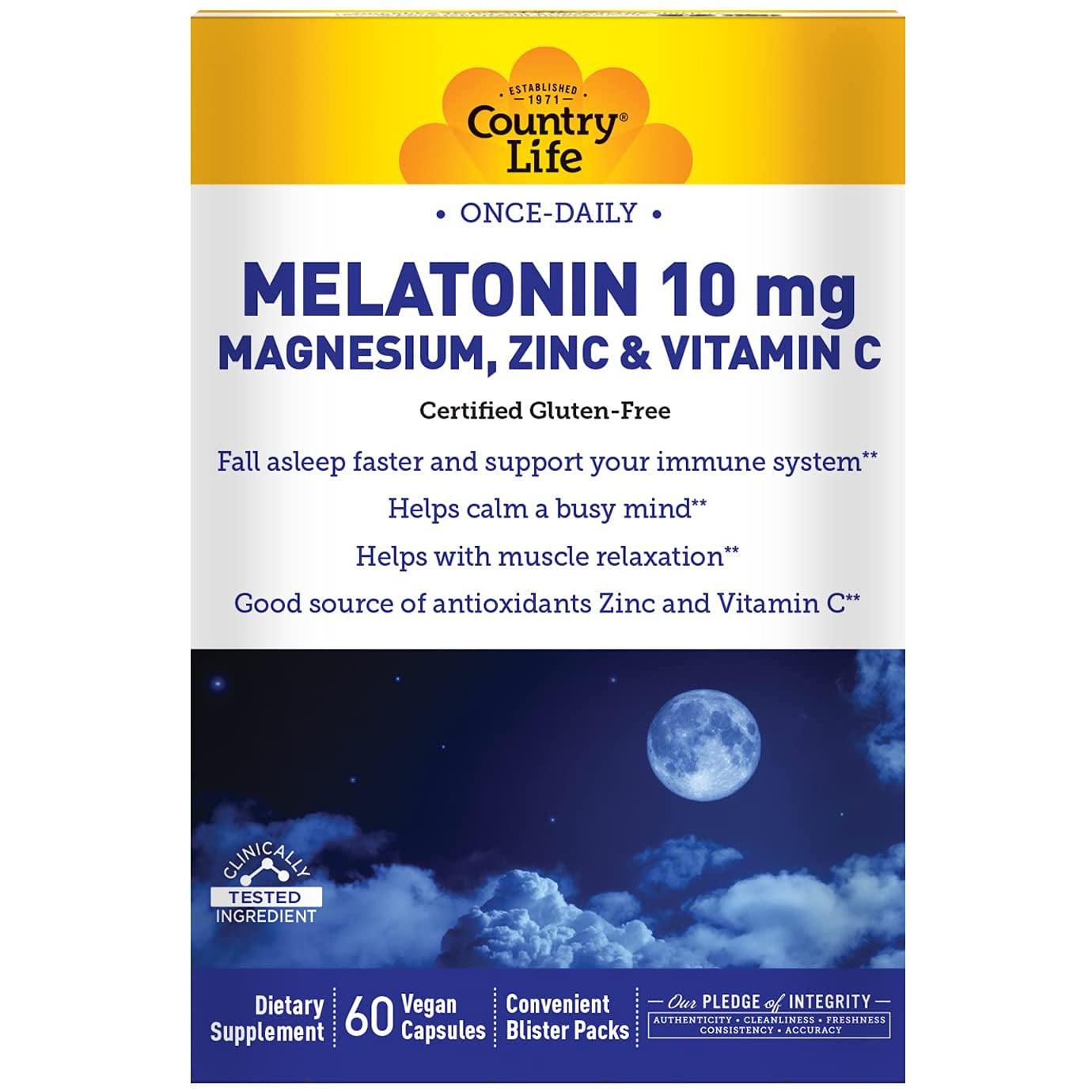 Country Life Melatonin 10mg – with Magnesium, Zinc and Vitamin C-60 vegan capsules-N101 Nutrition