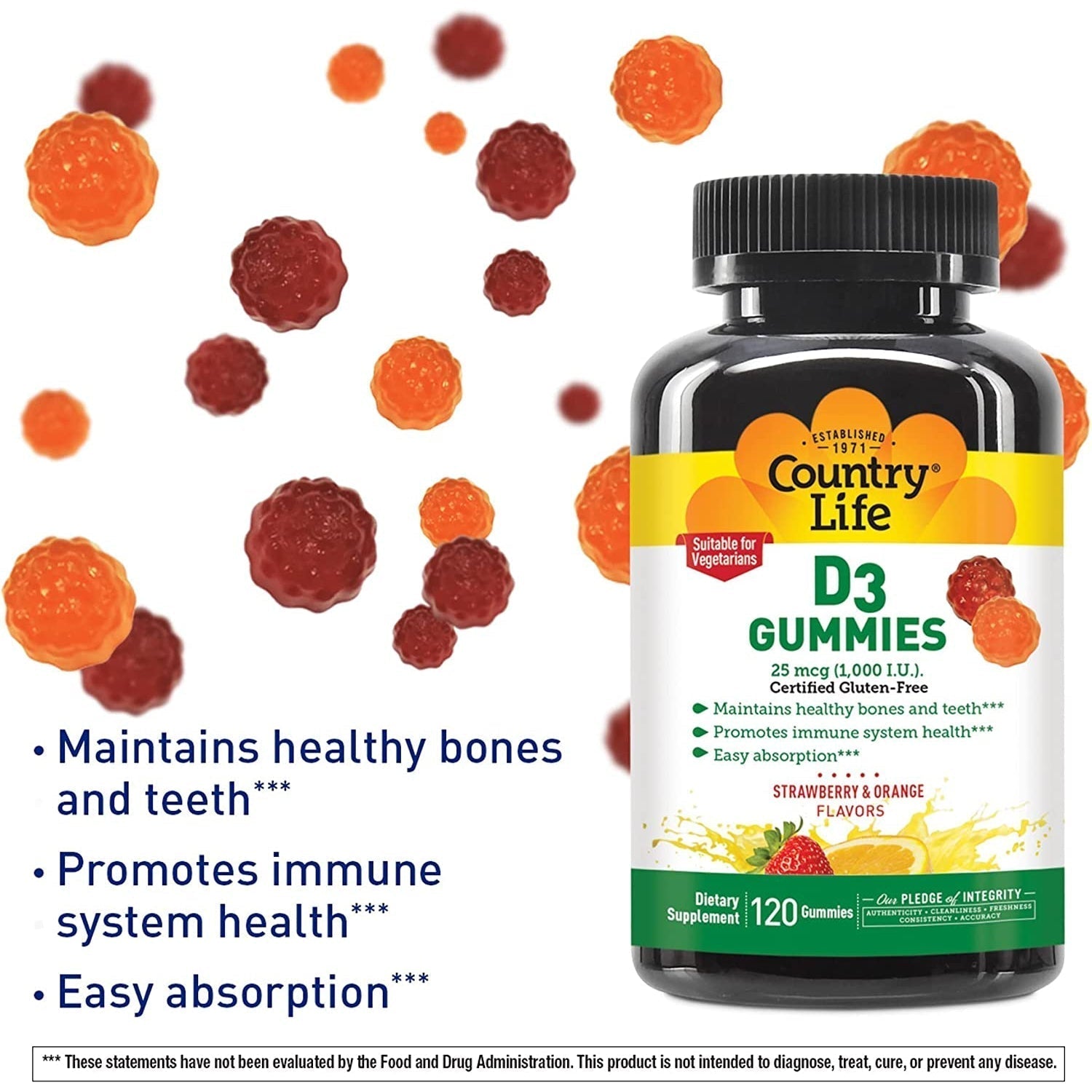 Country Life Vegan Vitamin D3 Gummies 25 mcg (1,000 IU)-60 gummies-Strawberry & Orange-N101 Nutrition