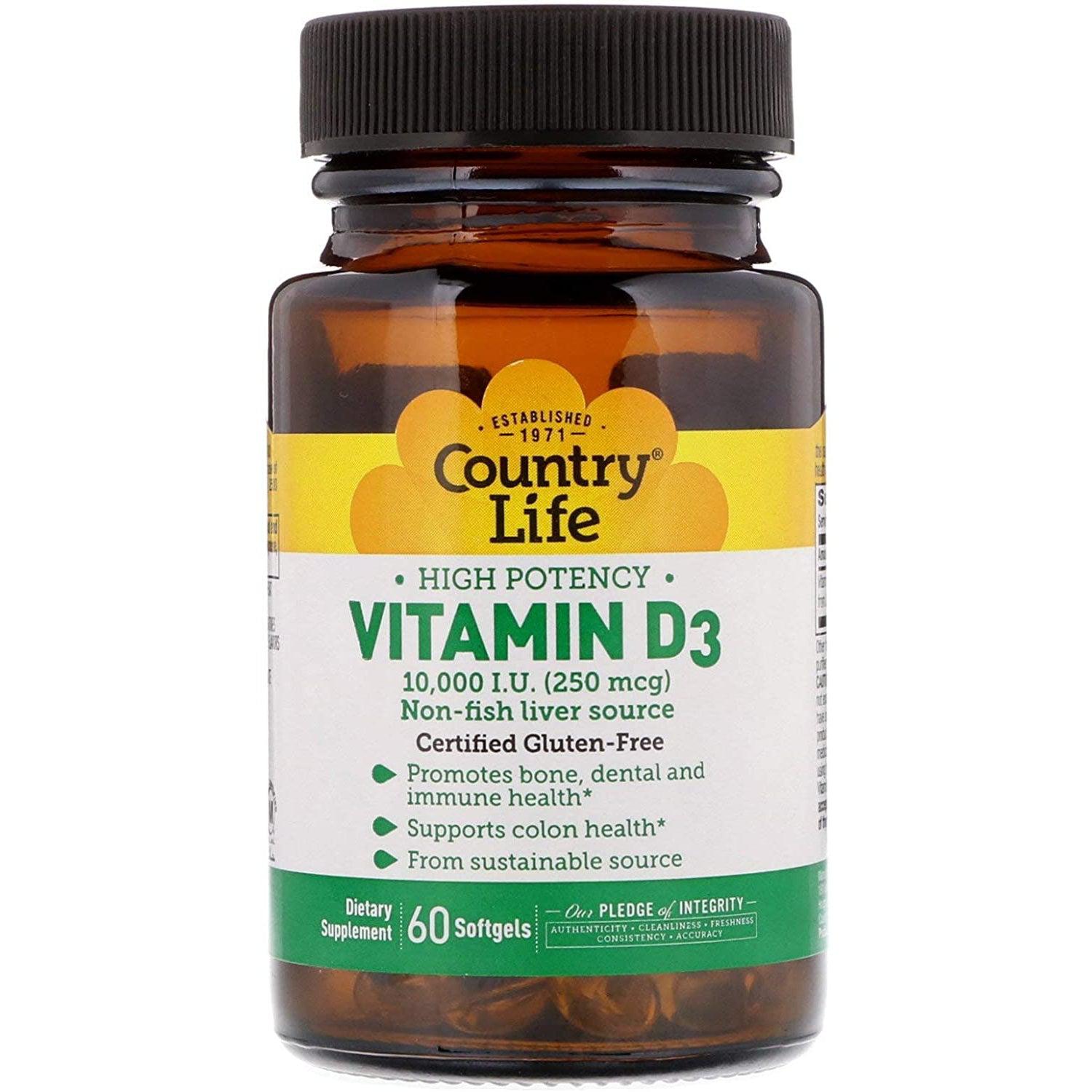 Country Life Vitamin D3 10,000 IU-60 softgels-N101 Nutrition