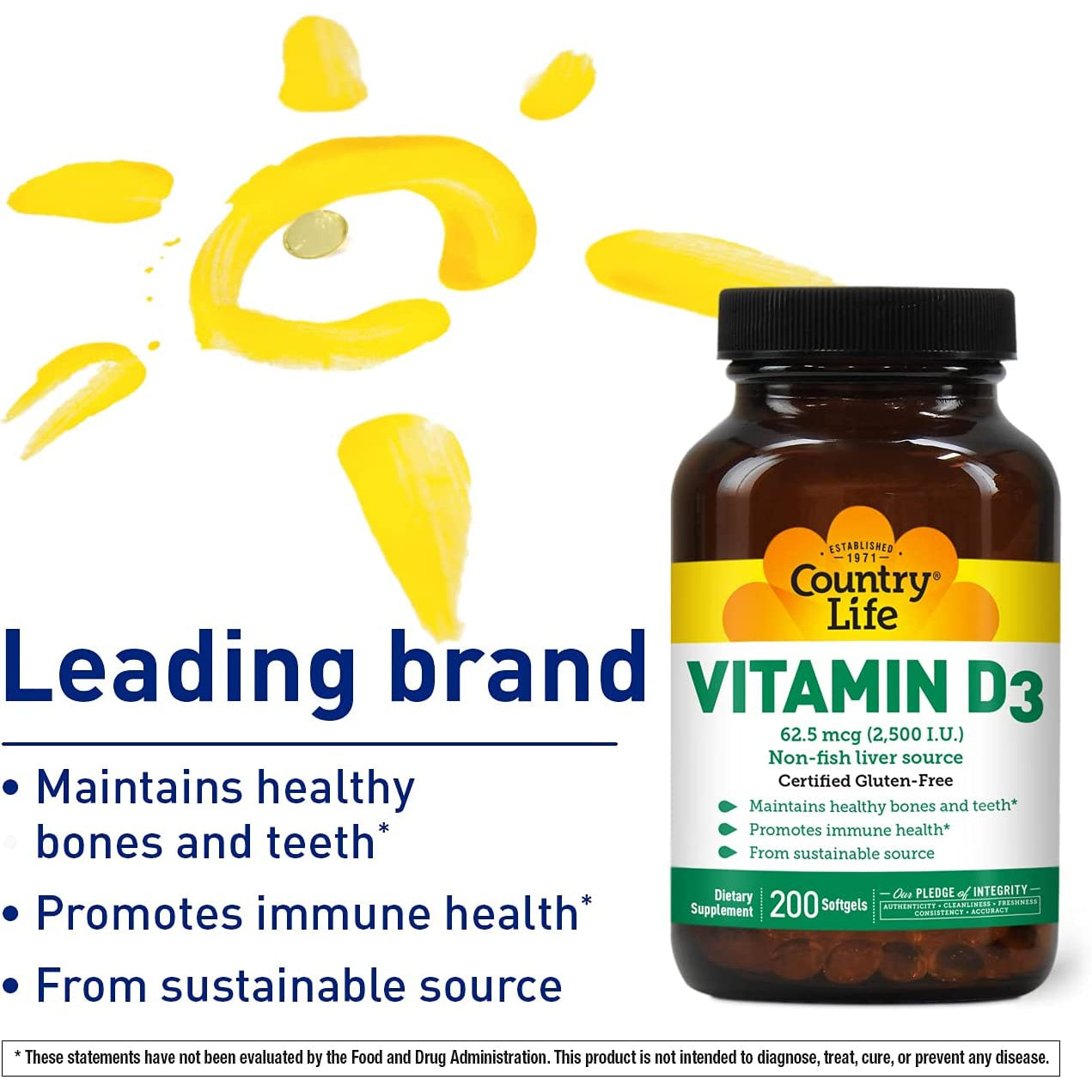 Country Life Vitamin D3 / 62.5 mcg (2500 IU)-200 softgels-N101 Nutrition