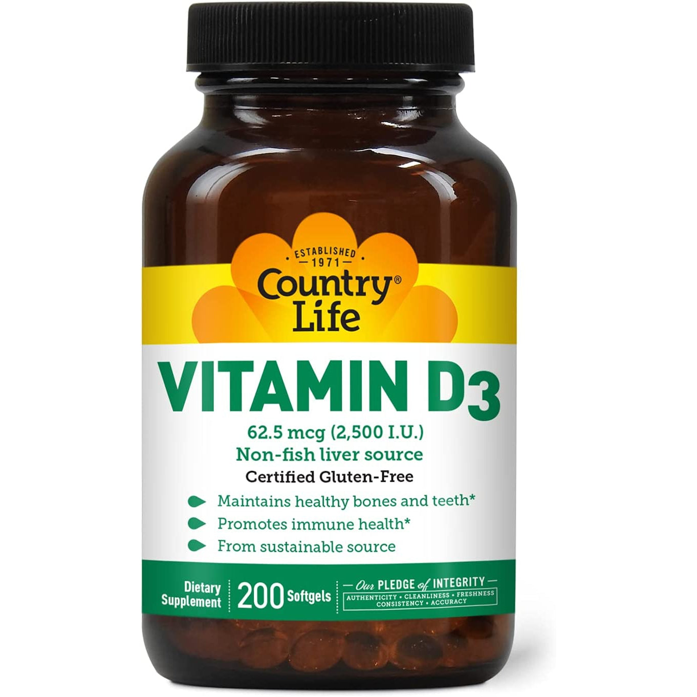 Country Life Vitamin D3 / 62.5 mcg (2500 IU)-200 softgels-N101 Nutrition