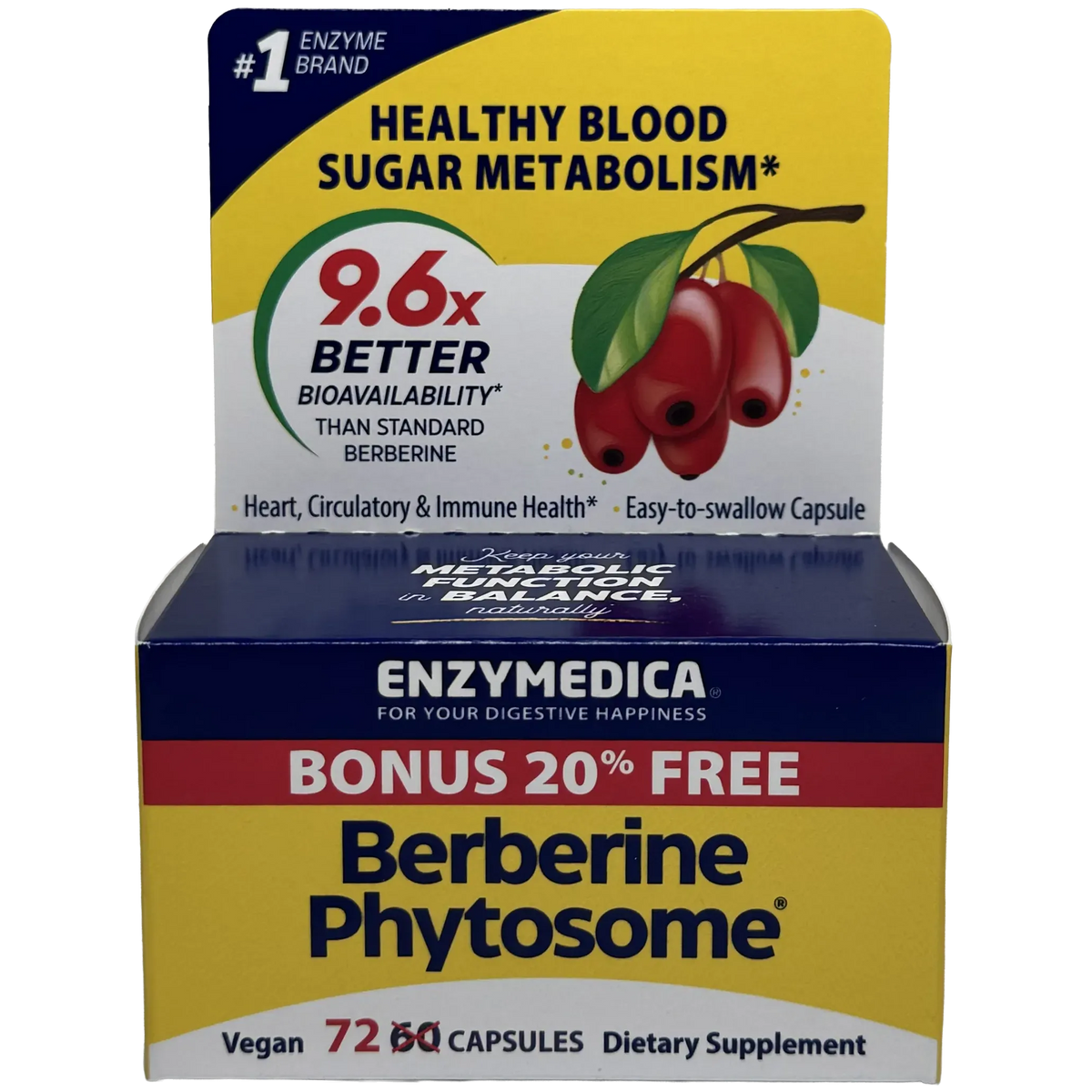 Enzymedica Berberine Phytosome-72 capsules (20% FREE)-N101 Nutrition
