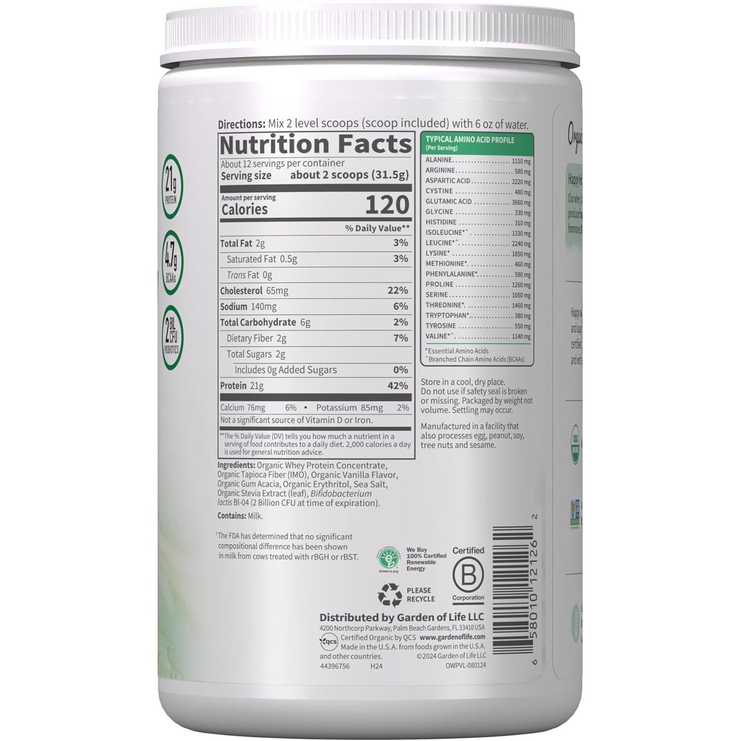 Garden of Life Organic Grass Fed Whey Protein-N101 Nutrition