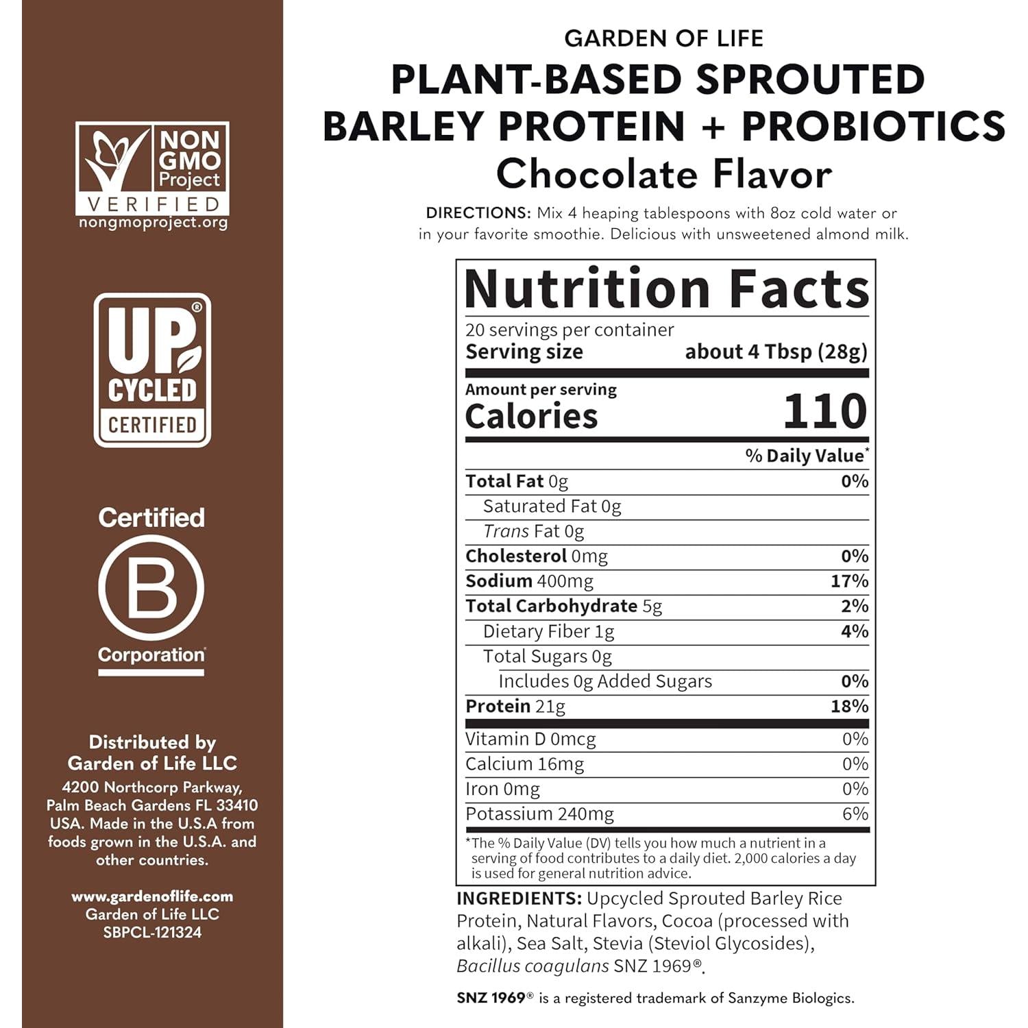 Garden of Life Plant-Based Sprouted Barley Protein + Probiotics-N101 Nutrition