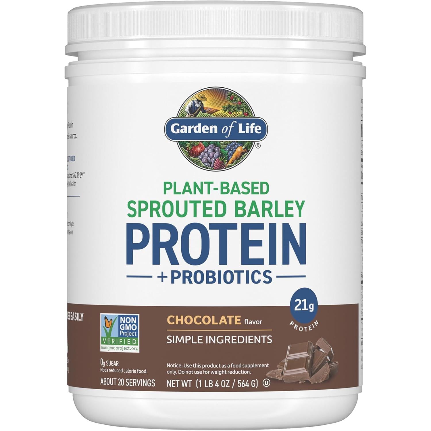 Garden of Life Plant-Based Sprouted Barley Protein + Probiotics-20 servings-Chocolate-N101 Nutrition