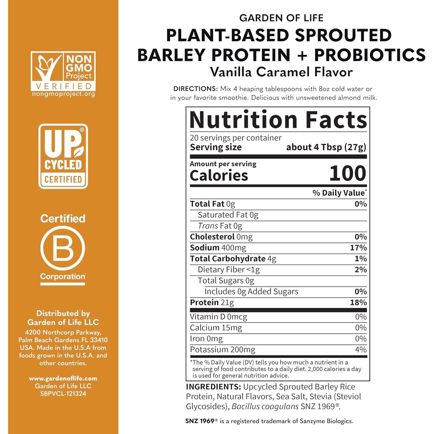 Garden of Life Plant-Based Sprouted Barley Protein + Probiotics-N101 Nutrition