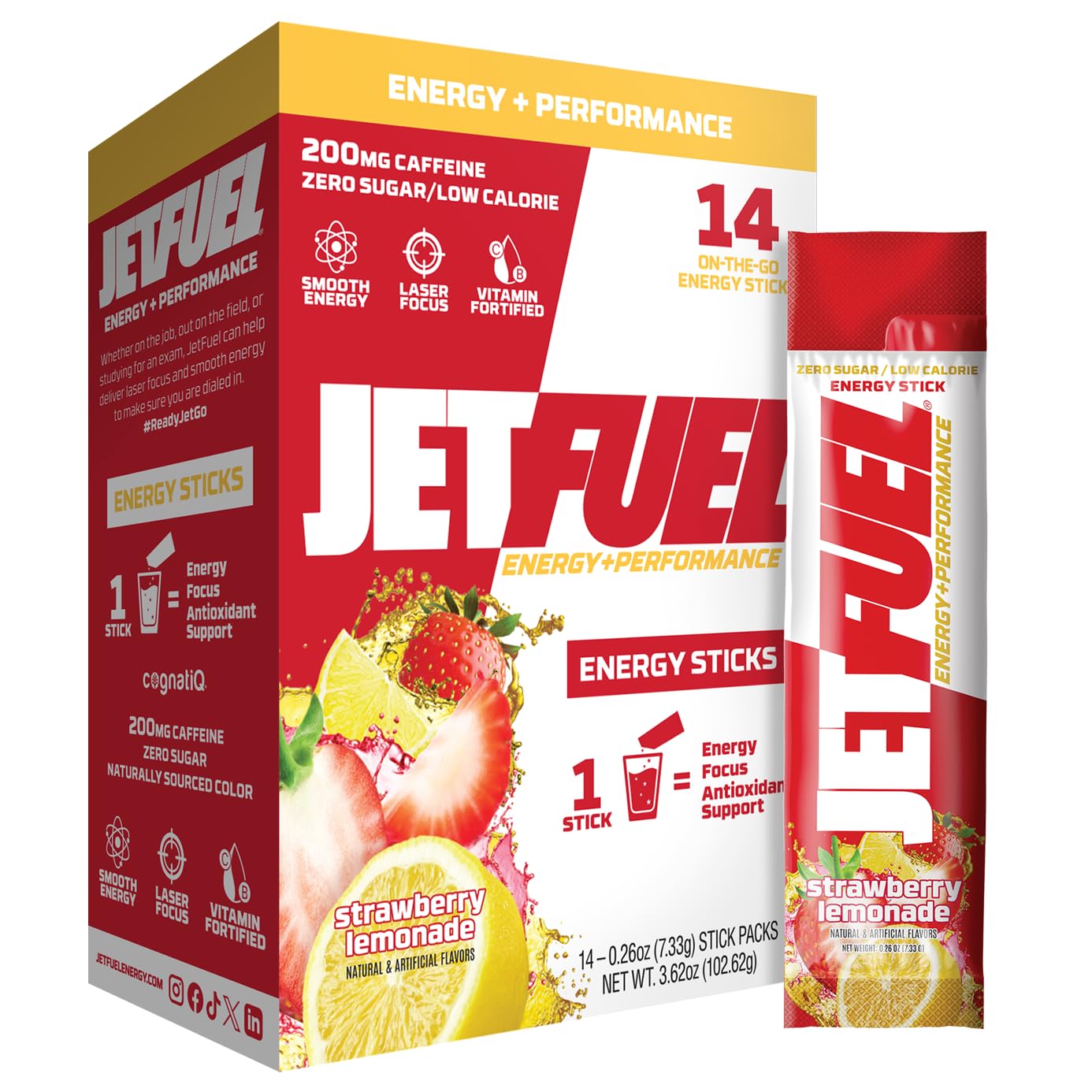 GAT Sport JetFuel Energy Sticks-1 box (14 stick packs)-Strawberry Lemonade-N101 Nutrition