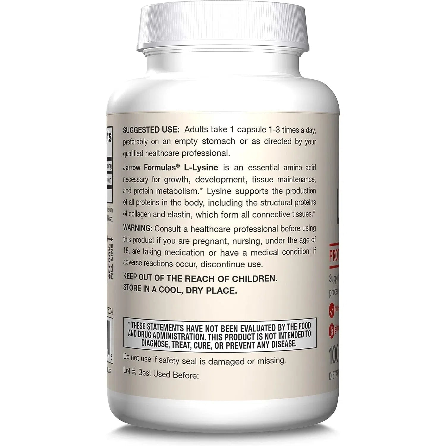 Jarrow Formulas L-Lysine 500 mg-100 capsules-N101 Nutrition