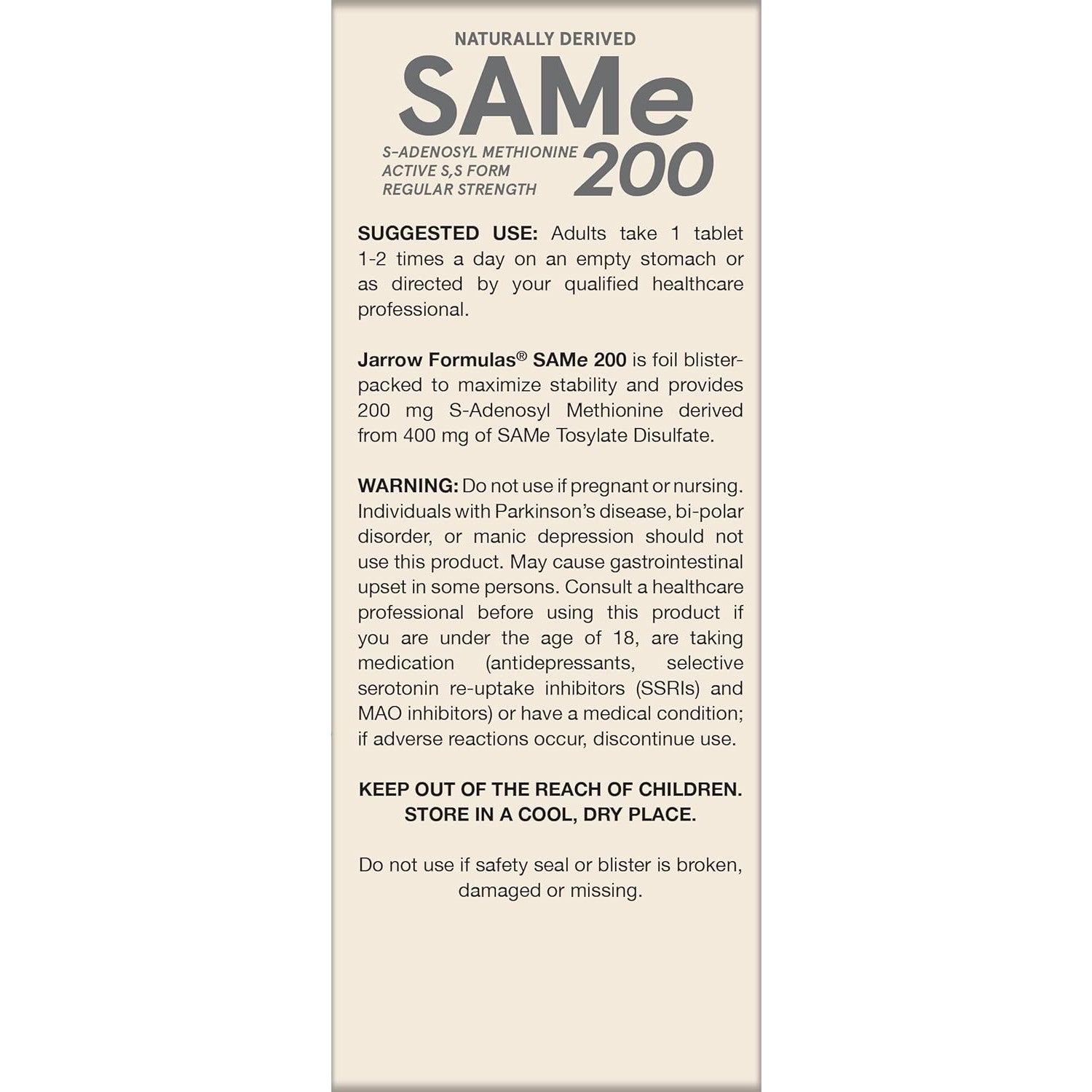 Jarrow Formulas SAM-e 200-60 tablets-N101 Nutrition