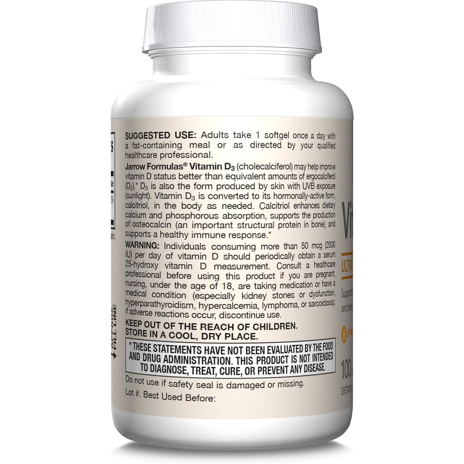 Jarrow Formulas Vitamin D3 - 2500 IU (62.5 mcg)-100 softgels-N101 Nutrition