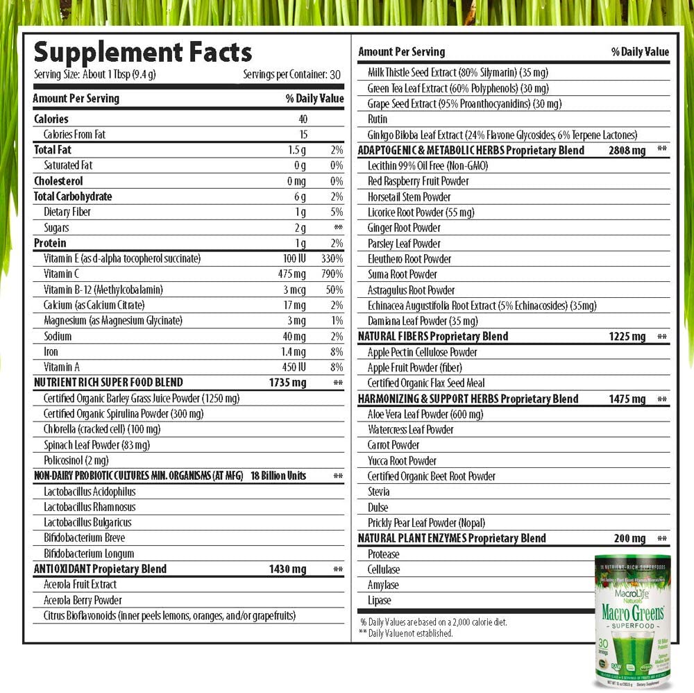 MacroLife Naturals Macro Greens-30 servings-N101 Nutrition