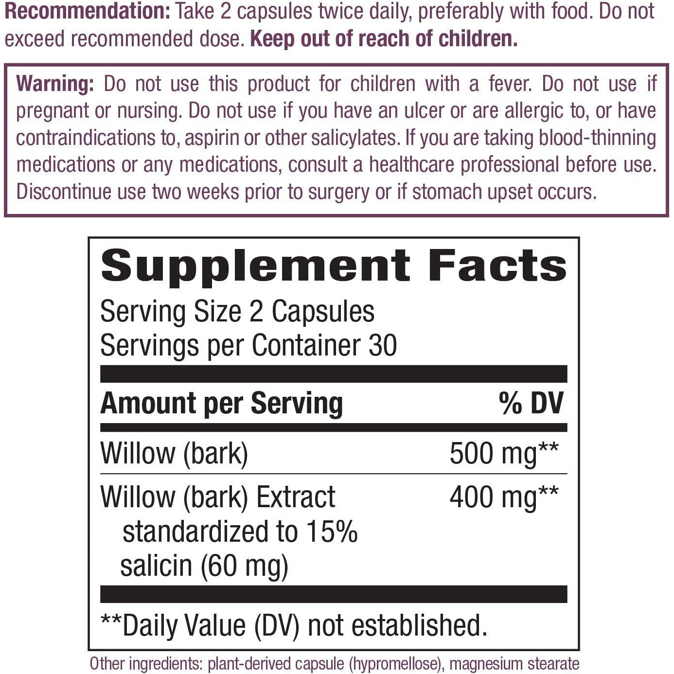 Nature's Way Premium Extract Willow-60 vegan capsules-N101 Nutrition