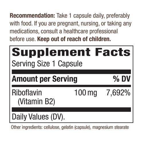 Nature's Way Riboflavin (Vitamin B2) 100 mg-100 capsules-N101 Nutrition