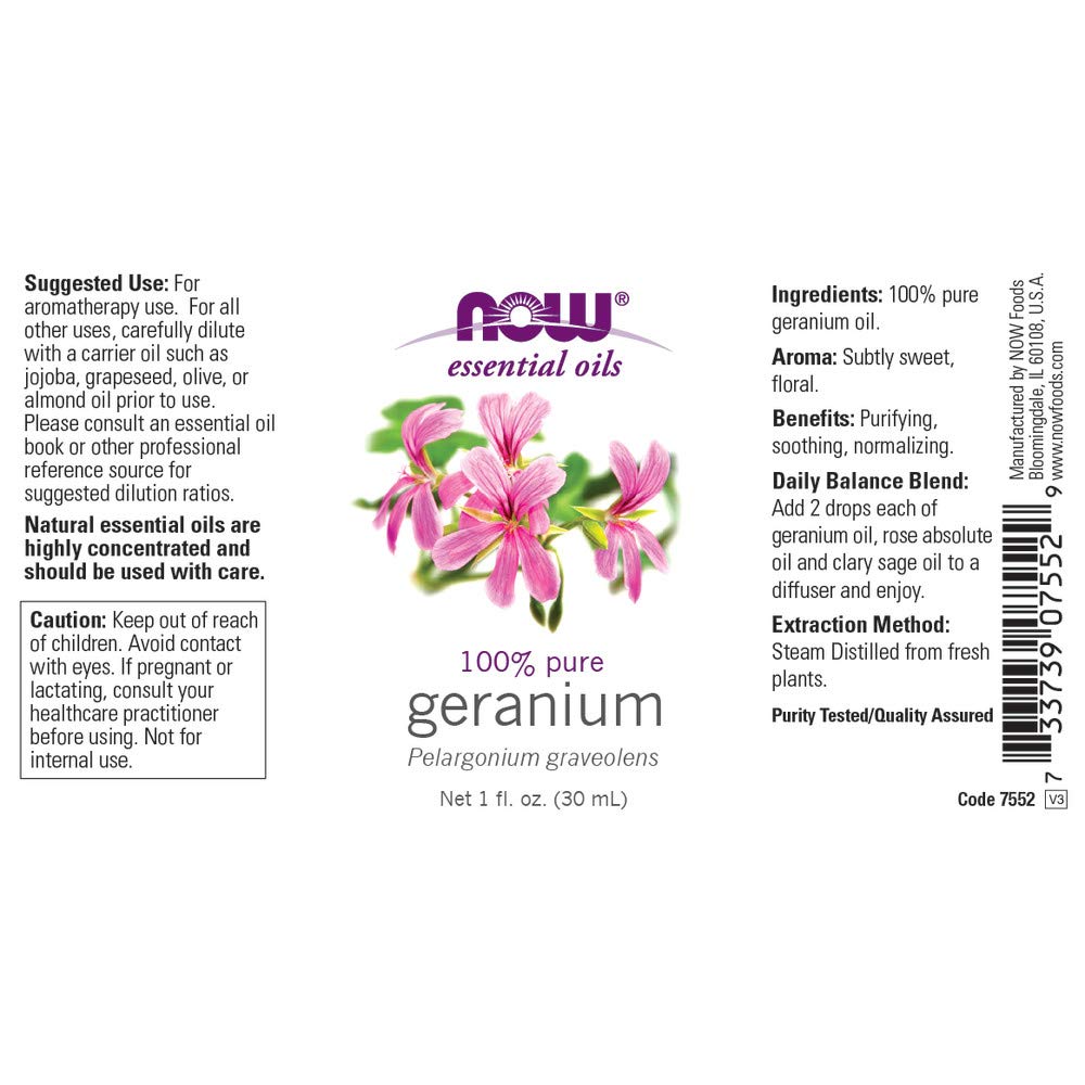 NOW Essential Oils Geranium Oil-1 fl oz (30 mL)-N101 Nutrition