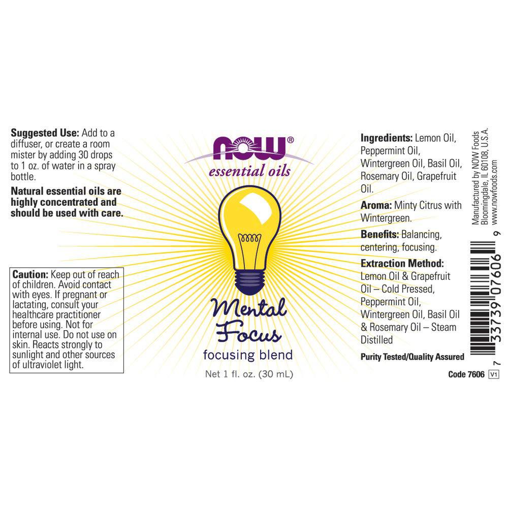 NOW Essential Oils Mental Focus Oil Blend-1 fl oz (30 mL)-N101 Nutrition