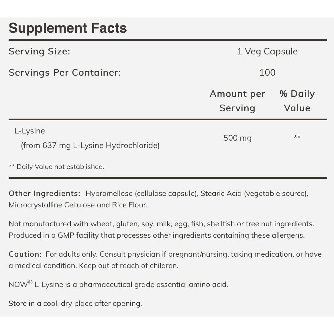 NOW L-Lysine 500 mg-100 veg capsules-N101 Nutrition