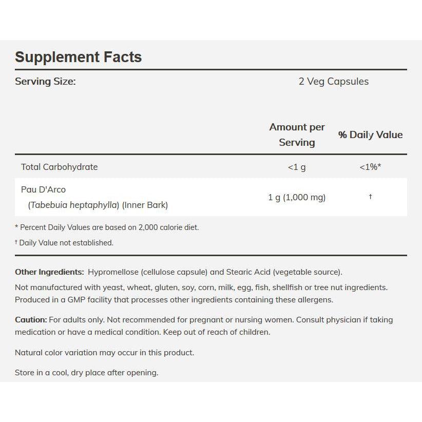 NOW Pau D’Arco 500 mg-100 veggie caps-N101 Nutrition