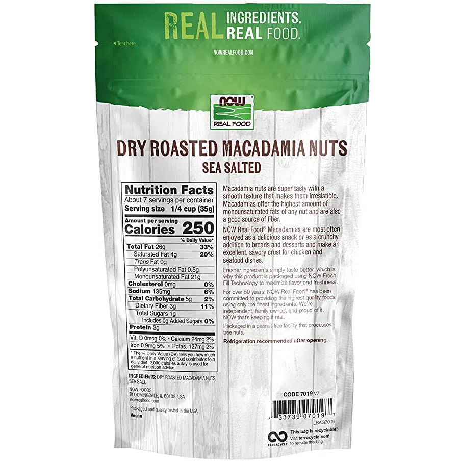 NOW Real Food Macadamia Nuts, Dry Roasted & Sea Salted-N101 Nutrition
