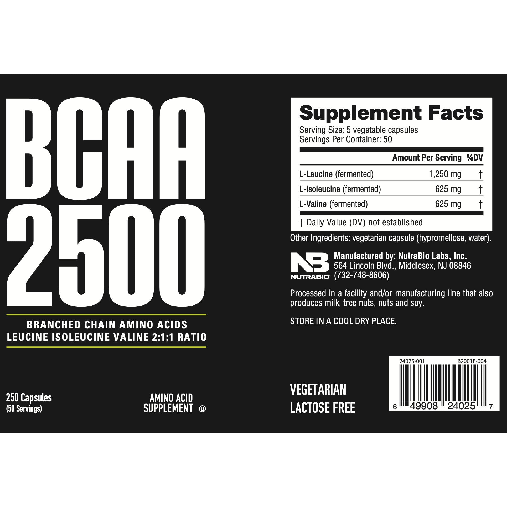 NutraBio BCAA 2500-250 veggie capsules-N101 Nutrition