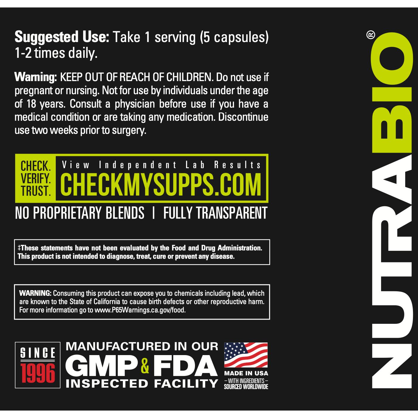 NutraBio BCAA 2500-250 veggie capsules-N101 Nutrition