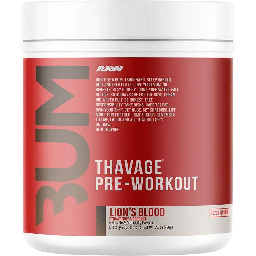 RAW Nutrition CBUM Thavage Pre-Workout-40/20 servings-Lion's Blood (Strawberry & Coconut)-N101 Nutrition
