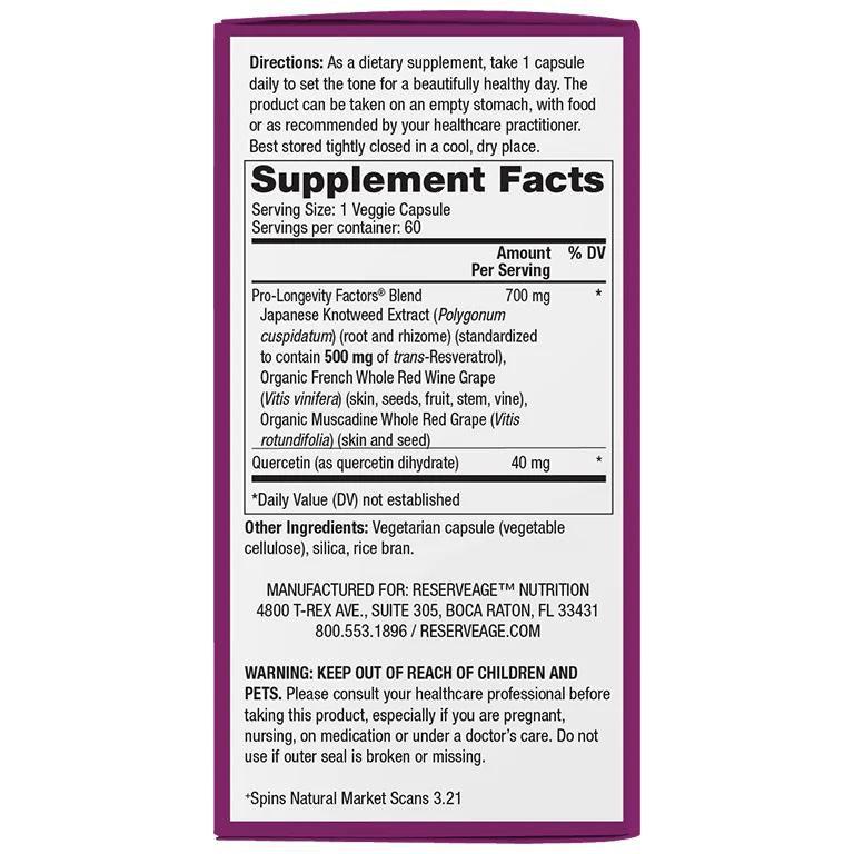 Reserveage Beauty Resveratrol 500 mg 4-Hour Sustained Release-60 veggie capsules-N101 Nutrition