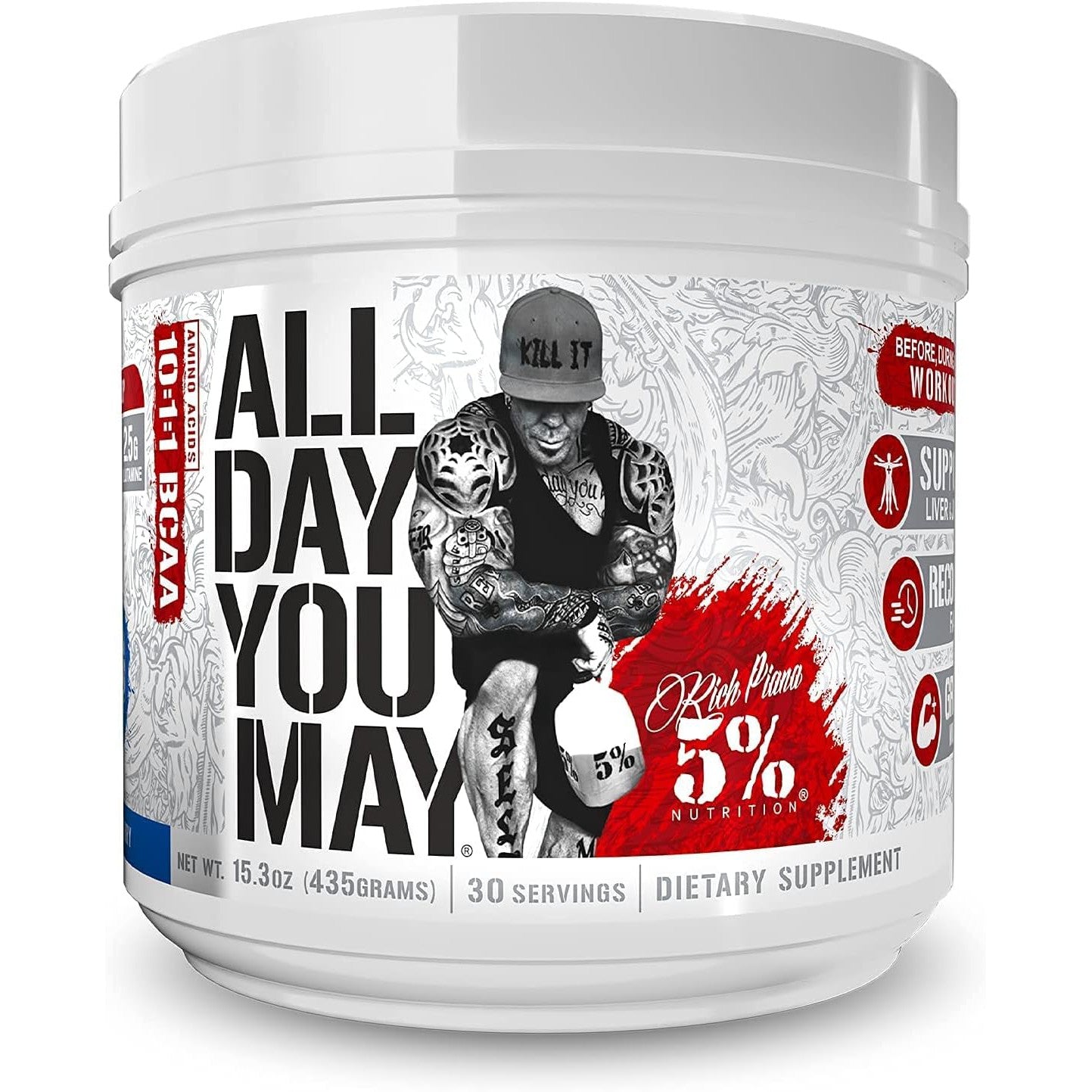 Rich Piana 5% Nutrition All Day You May 10:1:1 BCAA-30 servings-Blue Raspberry-N101 Nutrition