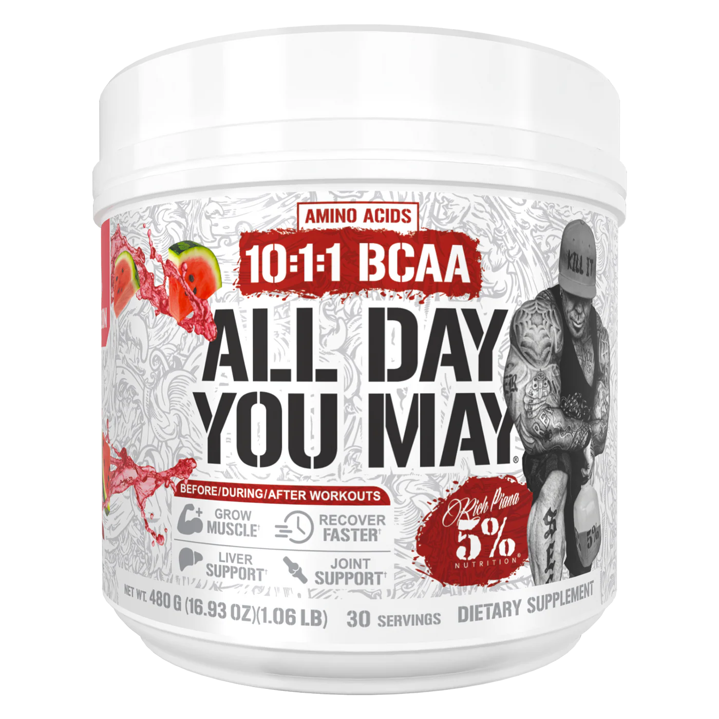 Rich Piana 5% Nutrition All Day You May 10:1:1 BCAA-30 servings-Watermelon-N101 Nutrition