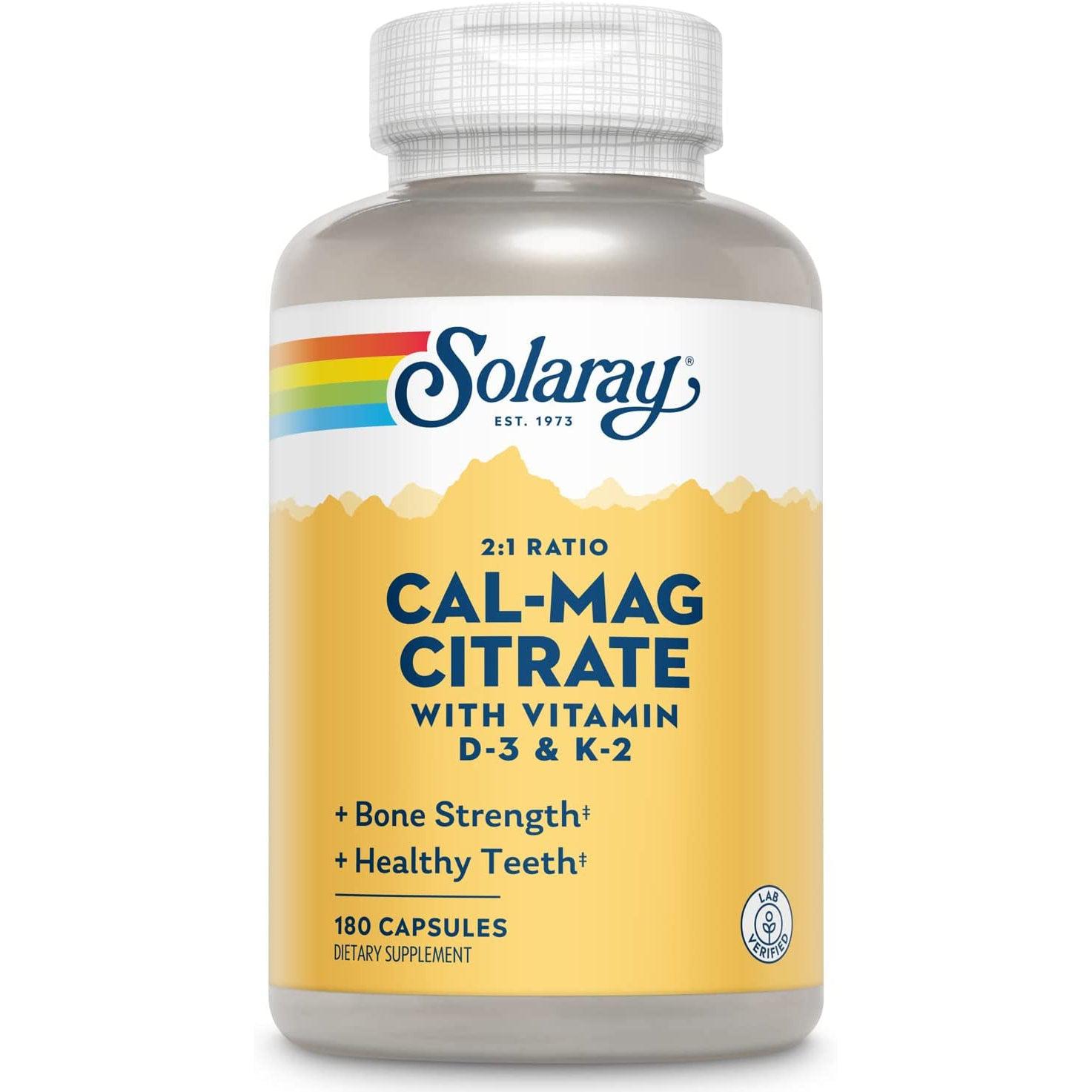 Solaray Cal-Mag Citrate 2:1 ratio w/ Vitamin D3 & K2-180 capsules-N101 Nutrition